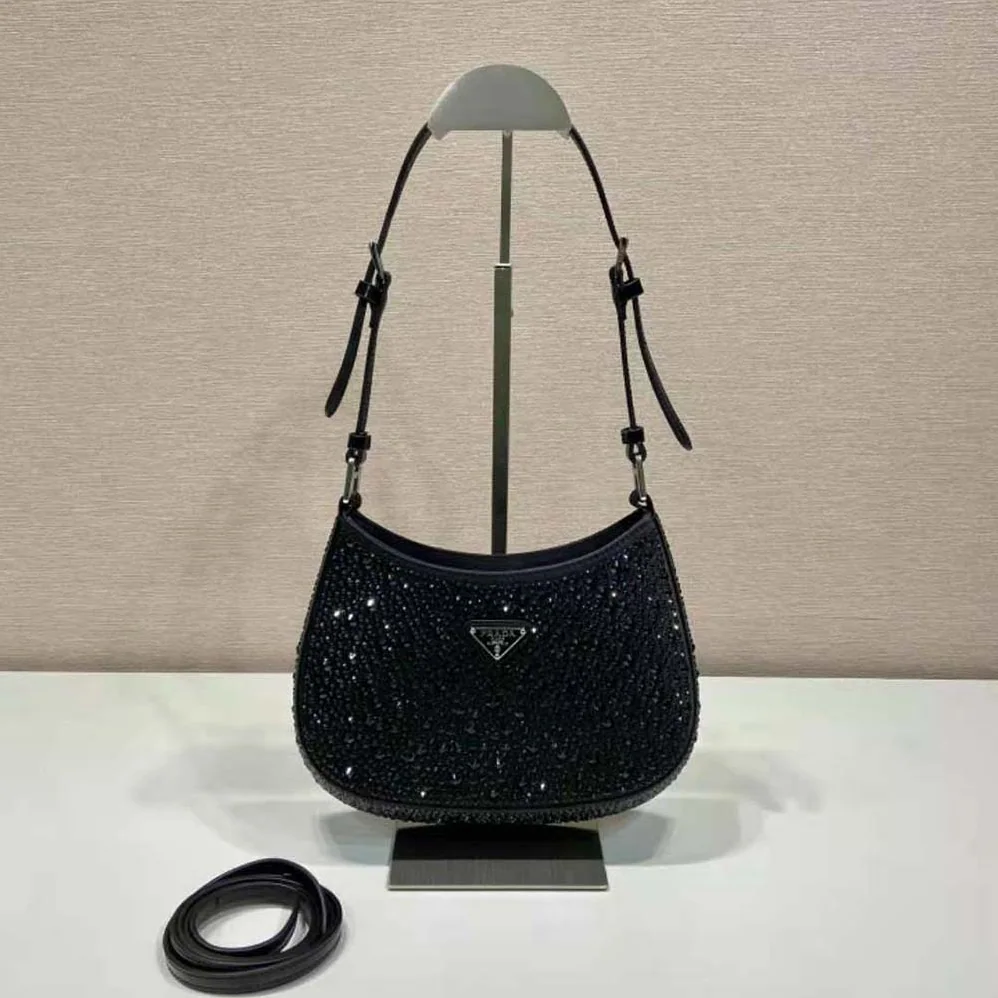 Prada Cleo Satin Bag with Crystals for Women in Black