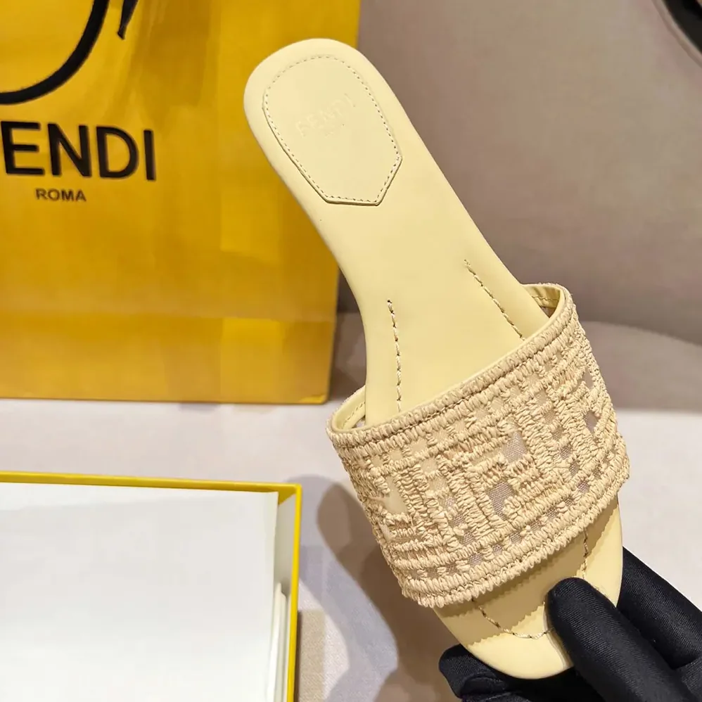 Fendi Sunshine Mesh Slides with Raffia FF Embroidery for Women