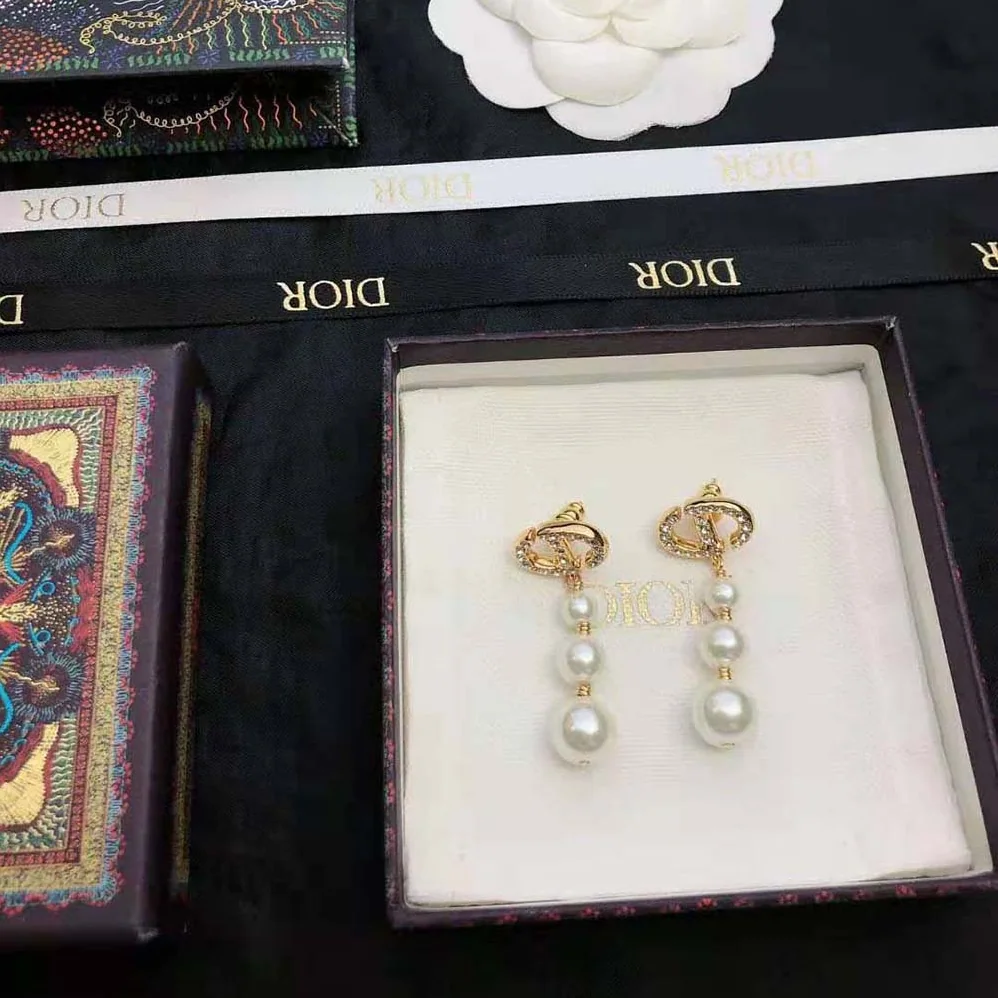 Dior CD Navy Earrings White-Finish Metal with White Resin Pearls and Crystals for Women Dior CD Navy Earrings White-Finish Metal with White Resin Pearls and Crystals for Women
