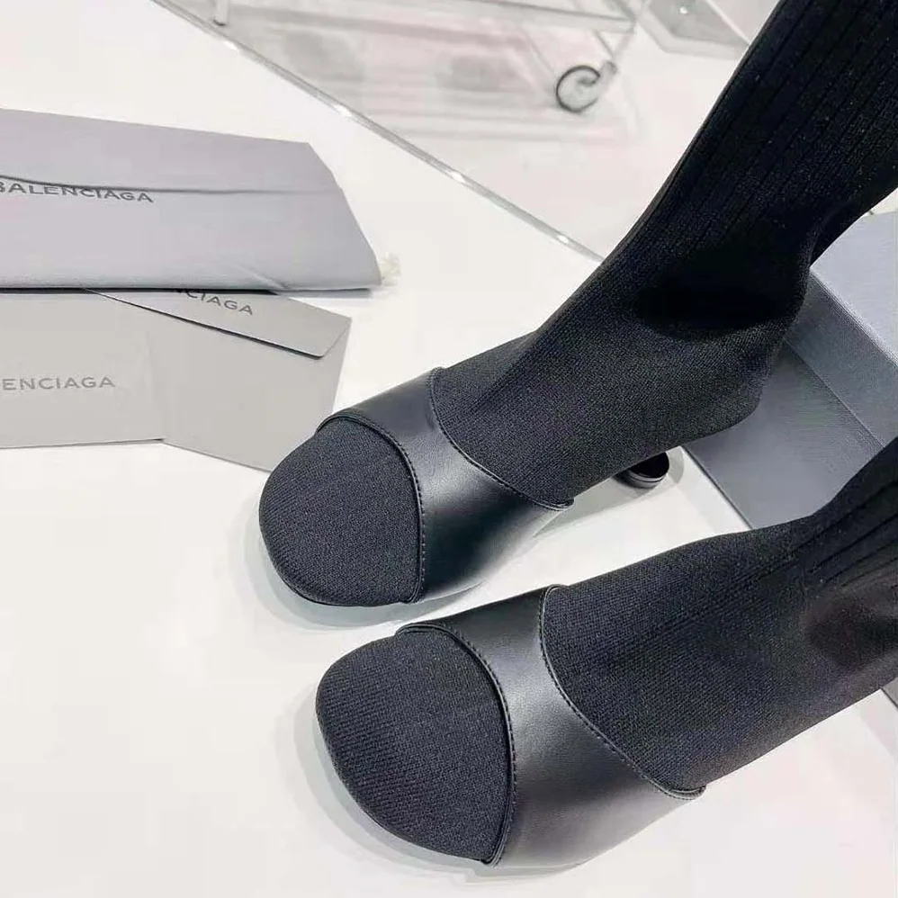 Balenciaga Sock 50mm Bootie in Black Smooth Calfskin and Black Recycled Knit for Women Balenciaga Sock 50mm Bootie in Black Smooth Calfskin and Black Recycled Knit for Women