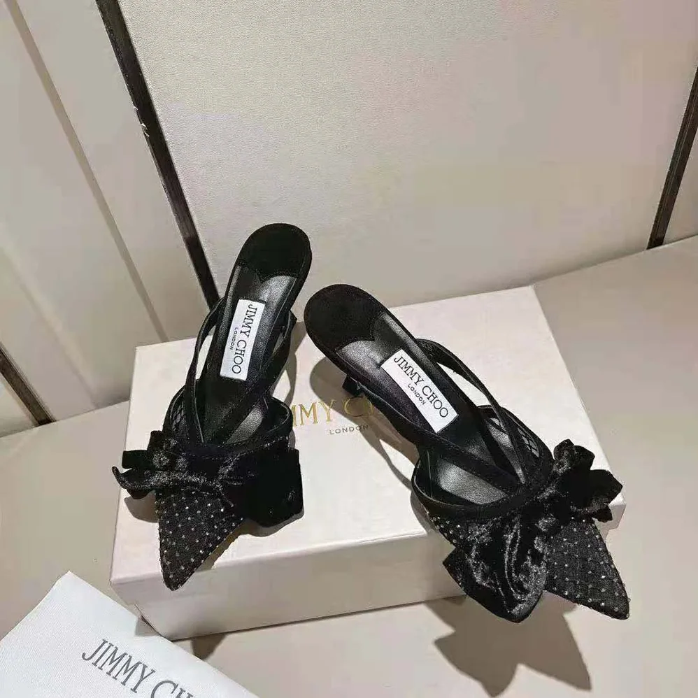 Jimmy Choo Flaca Mule 50 Black Crystal Mesh Mules with Bows for Women Jimmy Choo Flaca Mule 50 Black Crystal Mesh Mules with Bows for Women