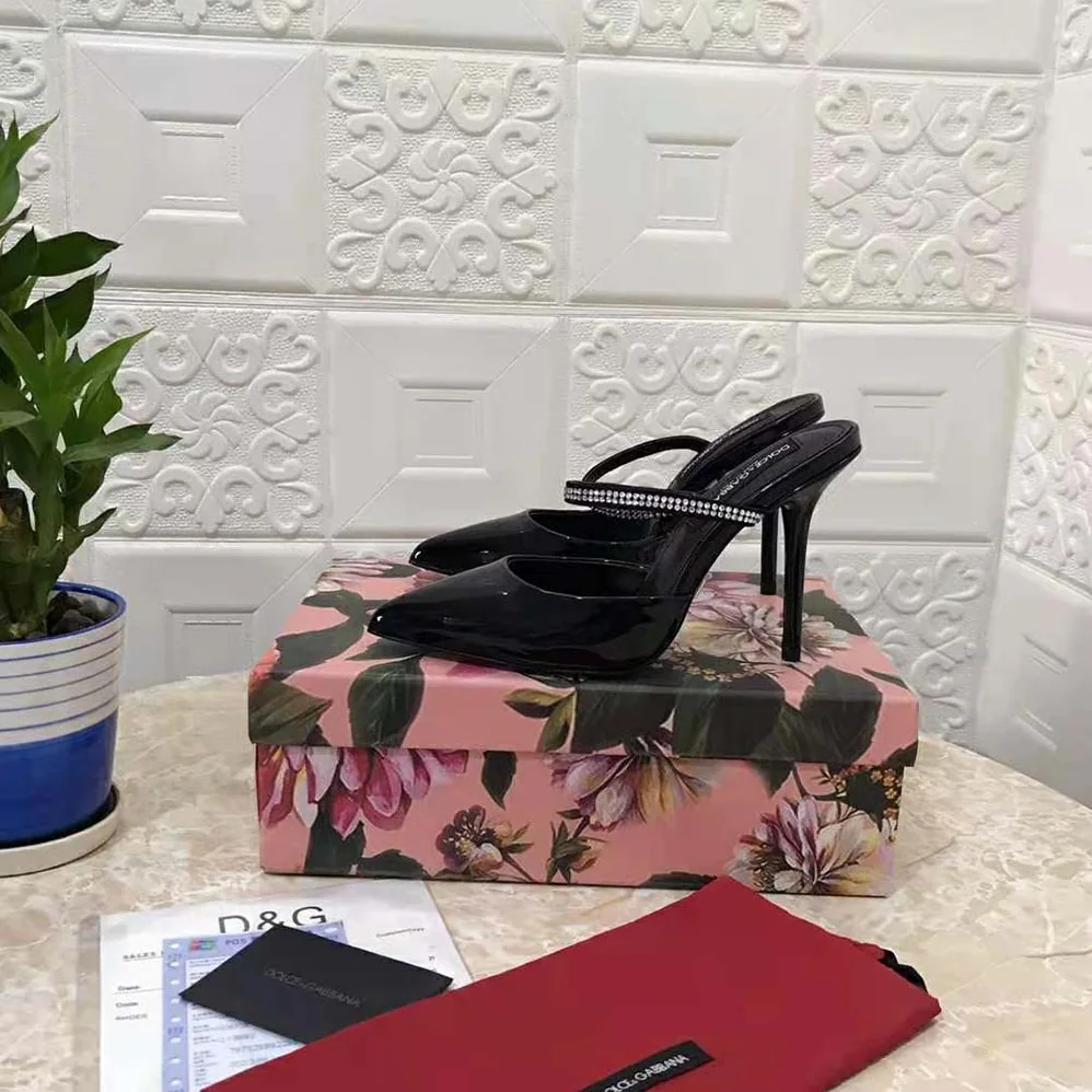 Dolce Gabbana D&G Polished Calfskin Mules with Embroidery for Women in Black Dolce Gabbana D&G Polished Calfskin Mules with Embroidery for Women in Black