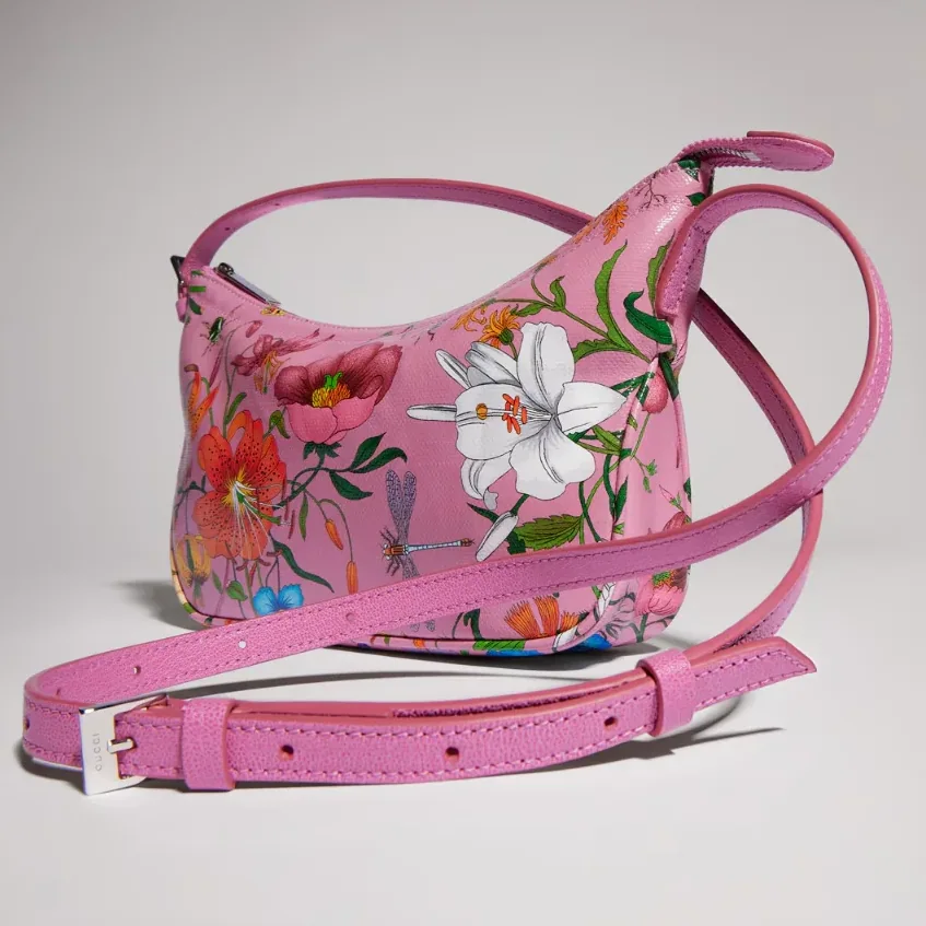 Gucci Lady Lunetta Small Shoulder Bag / Pink/ Multicolor Gucci Flora Coated Canvas Palladium Hardware