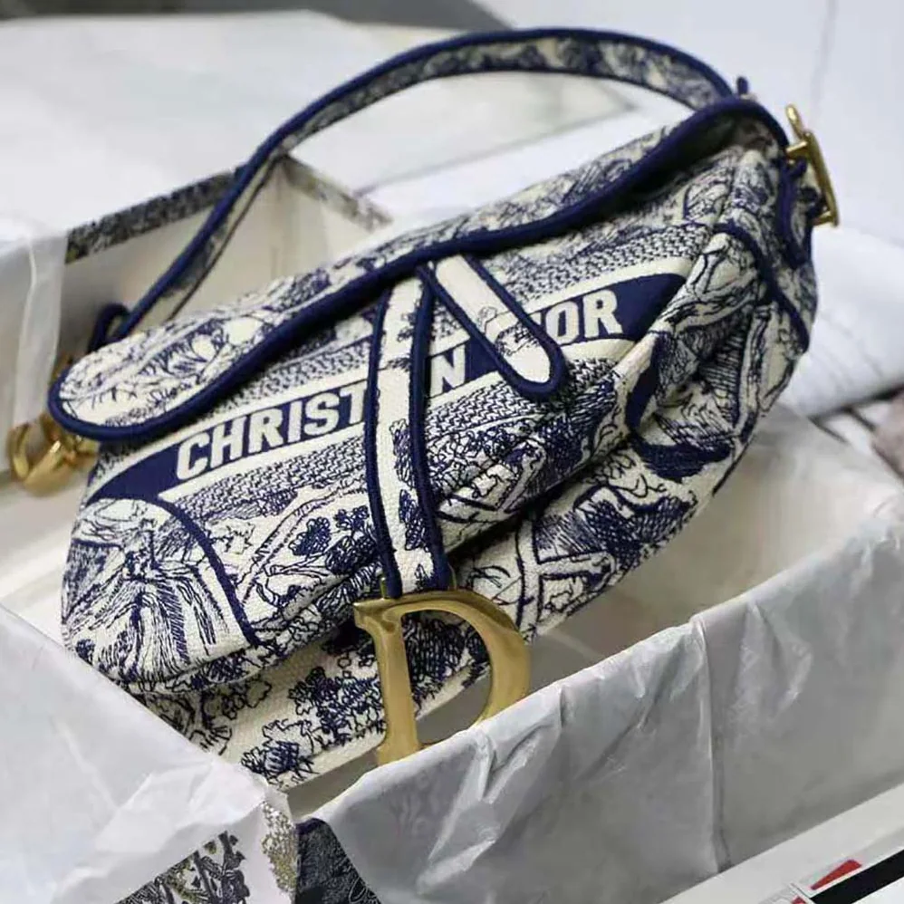 Dior Saddle Bag Blue Toile de Jouy Embroidery for Women