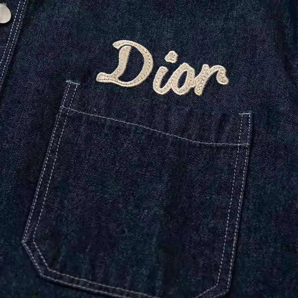 Dior Overshirt Navy Blue Flocked Technical Cotton Denim for Men Dior Overshirt Navy Blue Flocked Technical Cotton Denim for Men