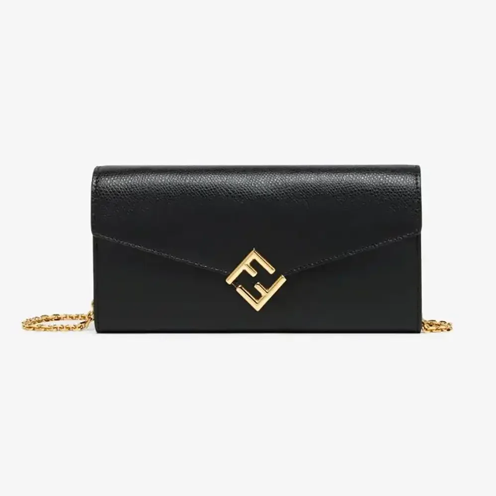 Fendi FF Diamonds Continental With Chain Black Leather Wallet for Women Fendi FF Diamonds Continental With Chain Black Leather Wallet for Women