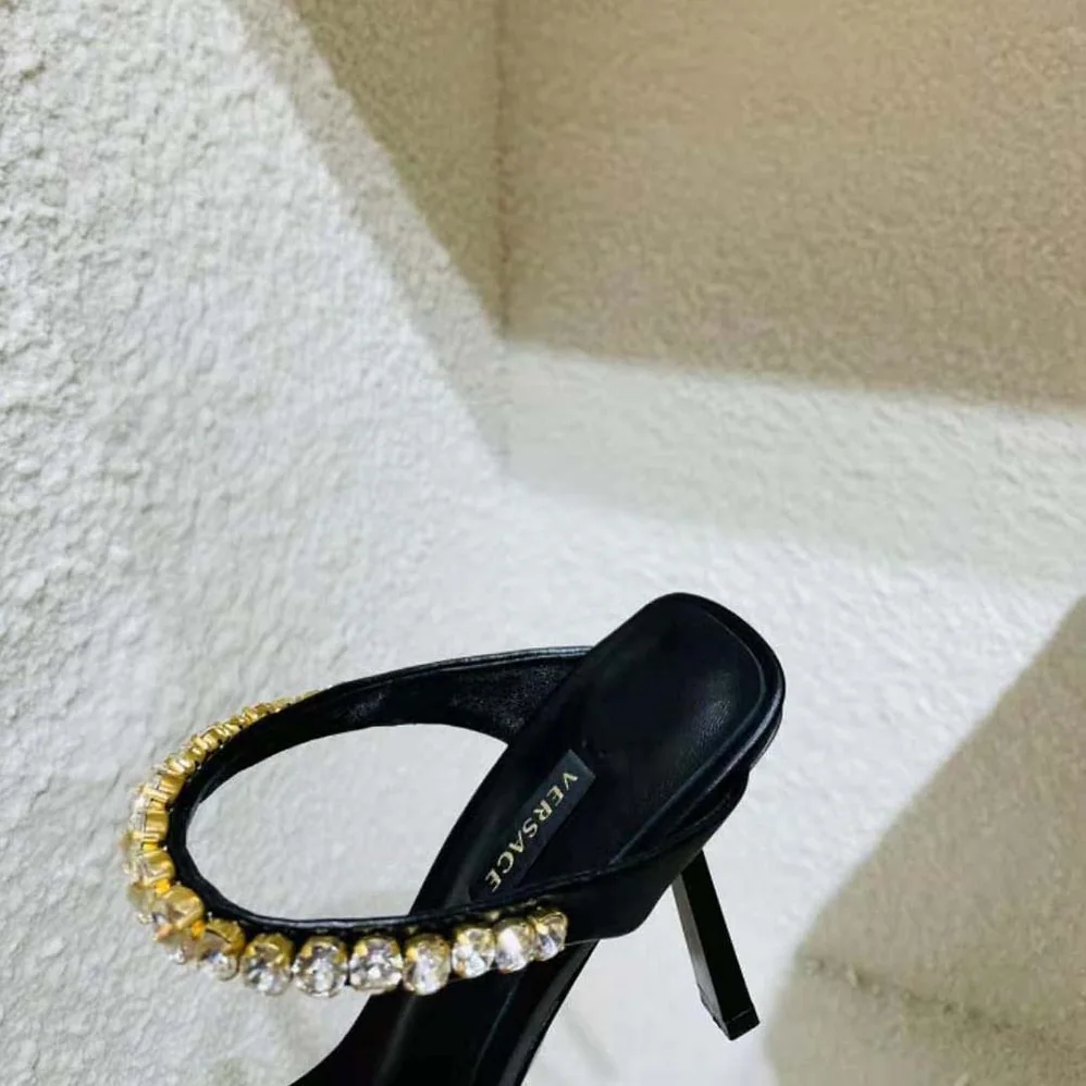 Versace Rhinestone Mules in 105mm Heel Hight for Women in Black Versace Rhinestone Mules in 105mm Heel Hight for Women in Black