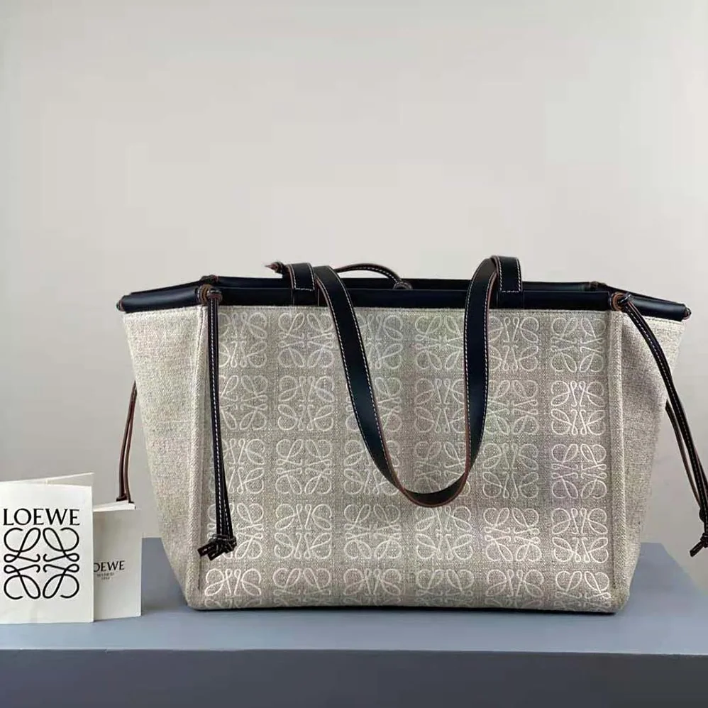 Loewe Cushion Tote Bag in Anagram Linen and Calfskin for Women