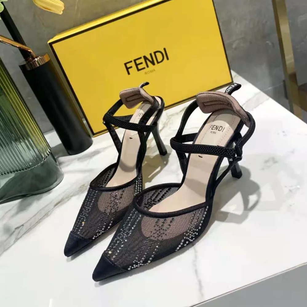 Fendi Colibri Black Mesh High-Heeled Slingbacks with Rhinestone Embroidery for Women Fendi Colibri Black Mesh High-Heeled Slingbacks with Rhinestone Embroidery for Women