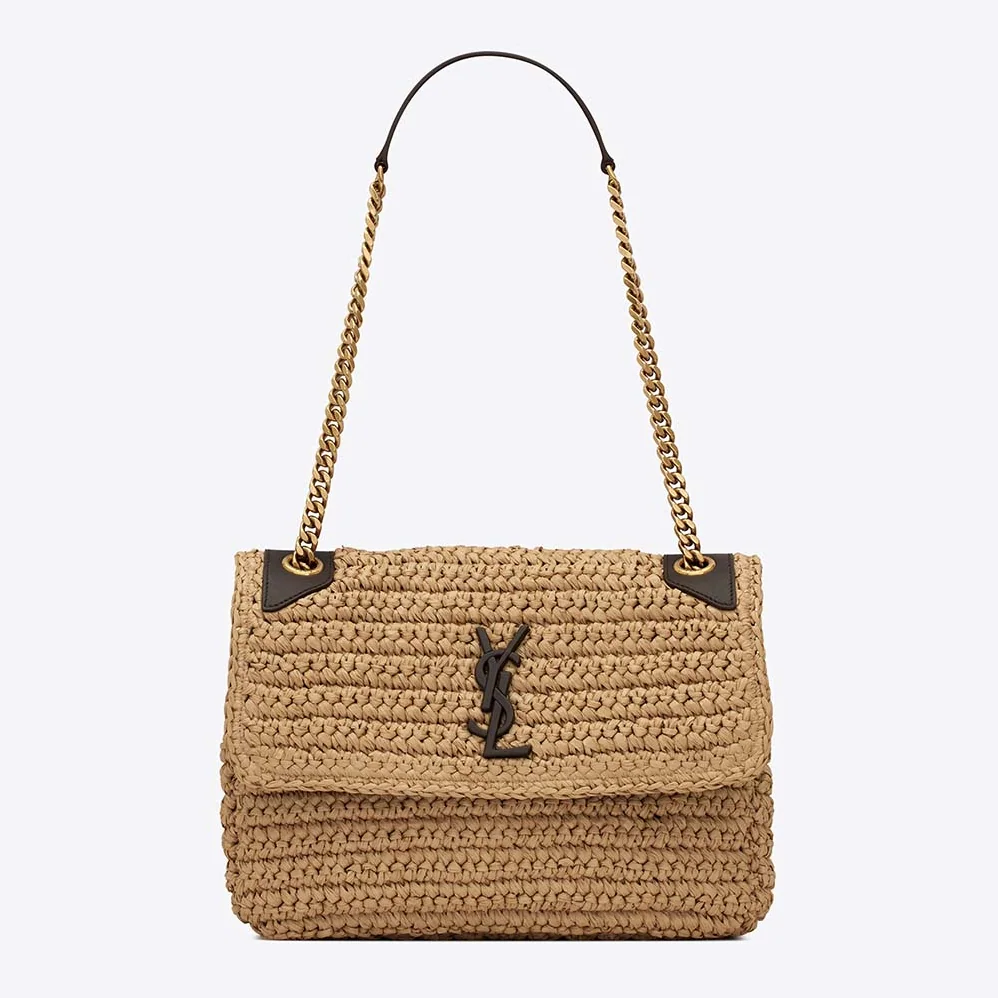 Saint Laurent YSL Niki Medium Chain Bag in Raffia and Leather for Women in Brown