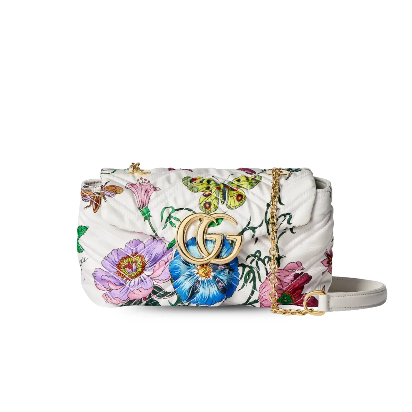 Gucci Marmont Mini Shoulder Bag / White in Multicolor Flora Gold Hardware
