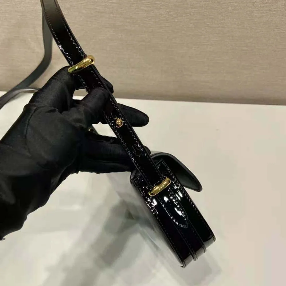 Prada Patent Leather Shoulder Bag with Flap for Women in Black