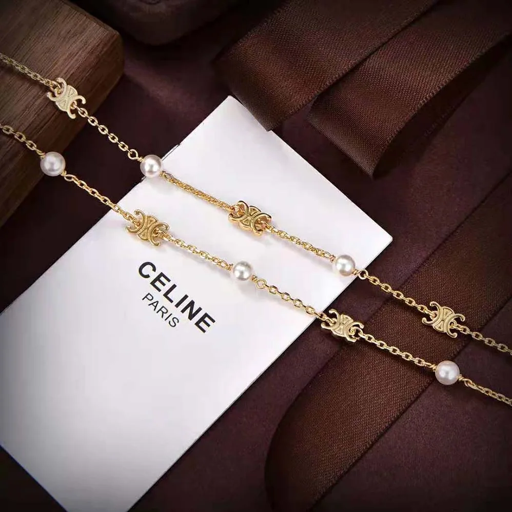 Celine Triomphe Pearl Double Necklace in Brass with Gold Finish and Resin Pearls for Women