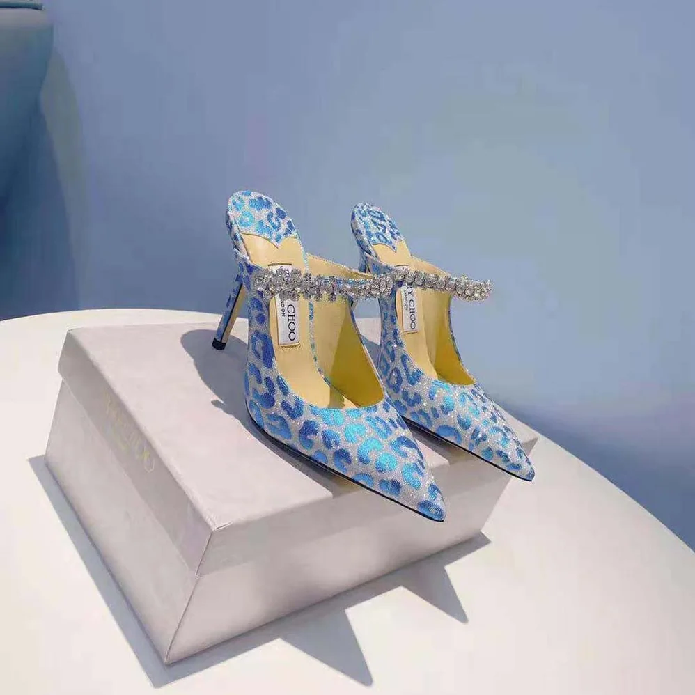 Jimmy Choo Bing 100 Butterfly Blue Leopard Print Glitter Mules with Crystal Strap for Women