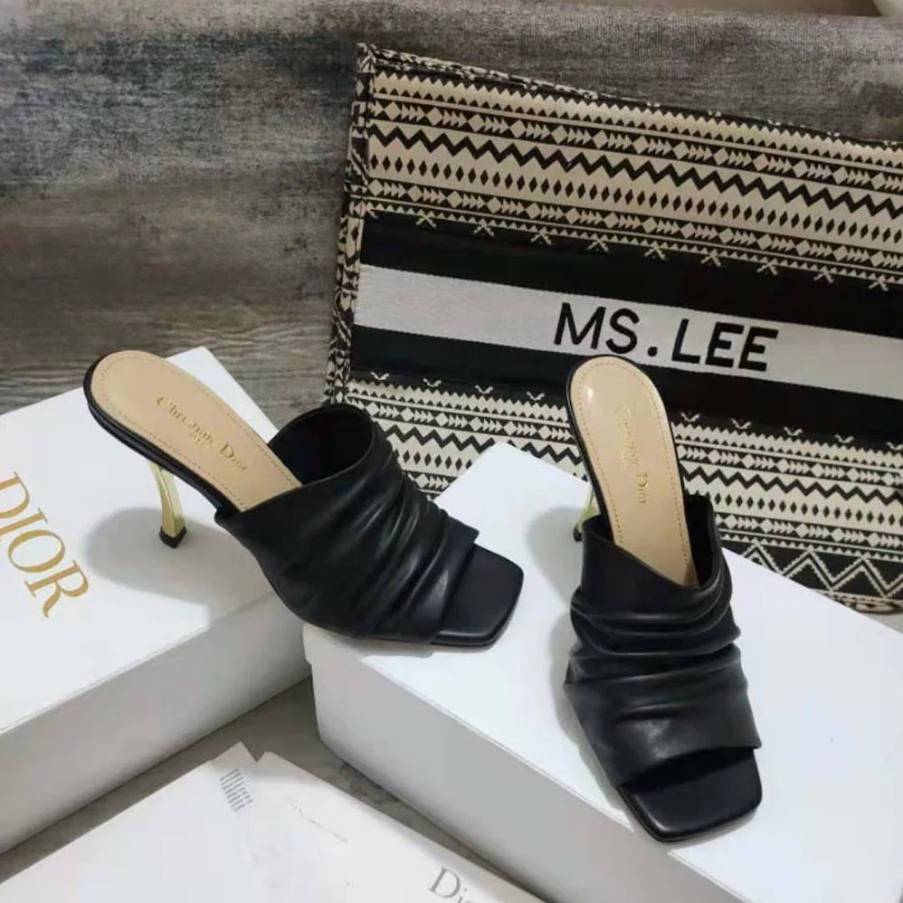 Dior D-Fame Heeled Sandal Black Pleated Lambskin for Women
