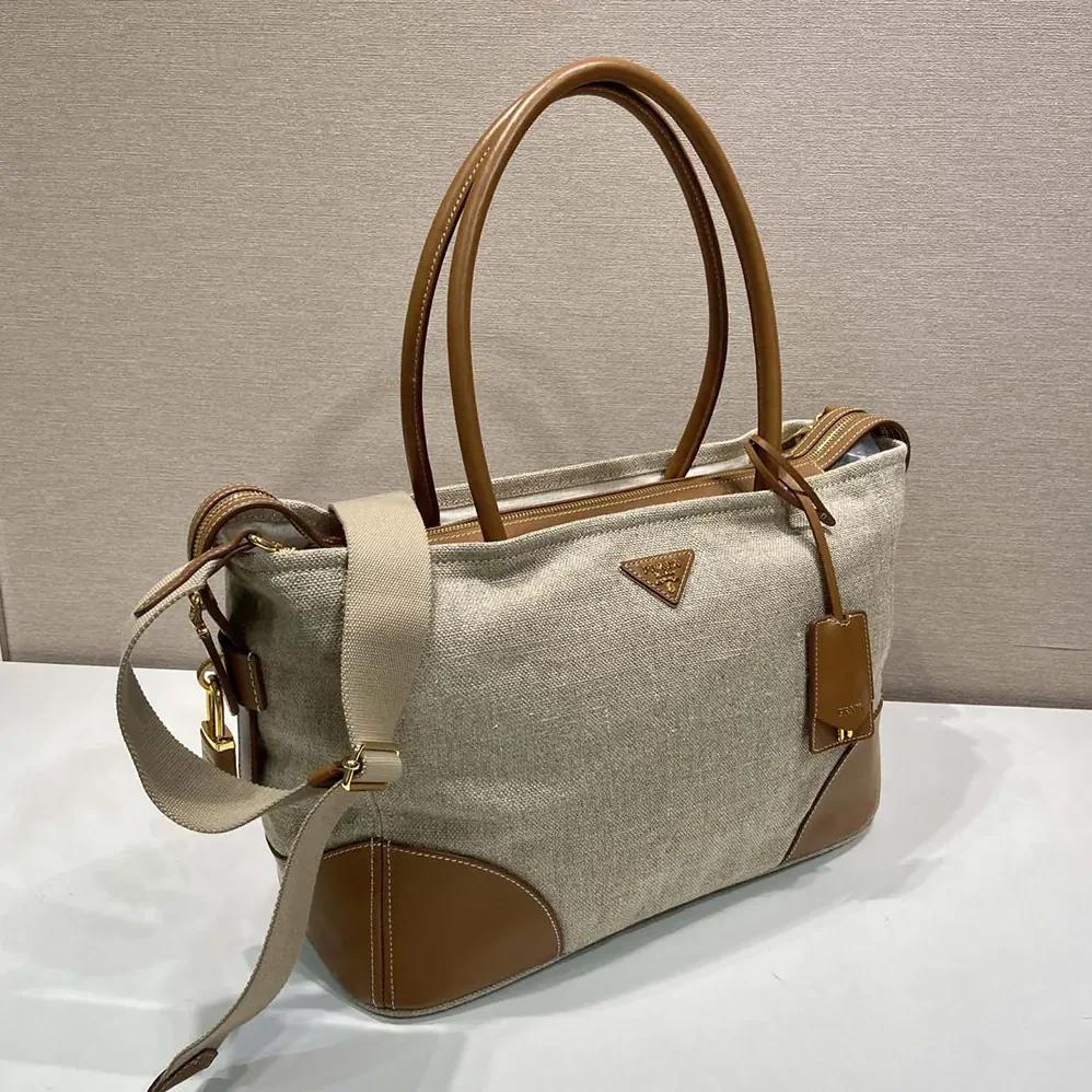 Prada Large Linen And Leather Tote Bag for Women in Rope/Natural Prada Large Linen And Leather Tote Bag for Women in Rope/Natural