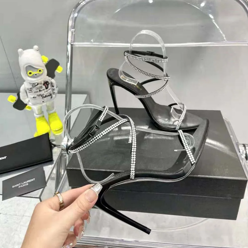 Saint Laurent YSL Georgia Sandals in Crepe Satin with Rhinestones for Women