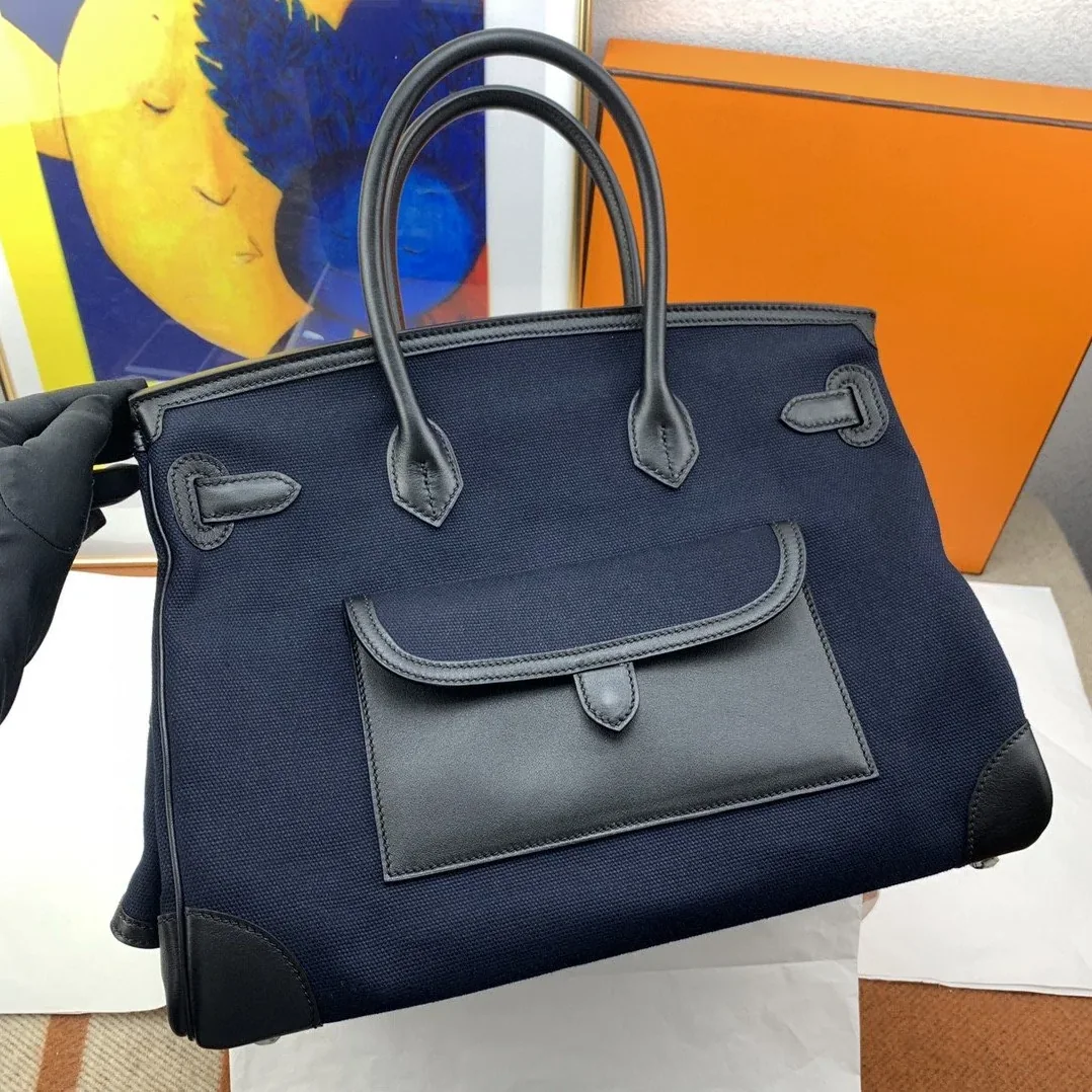 Hermes Birkin Cargo 35 Top Handle Bag in Navy Blue Silver Hardware Hermes Birkin Cargo 35 Top Handle Bag in Navy Blue Silver Hardware