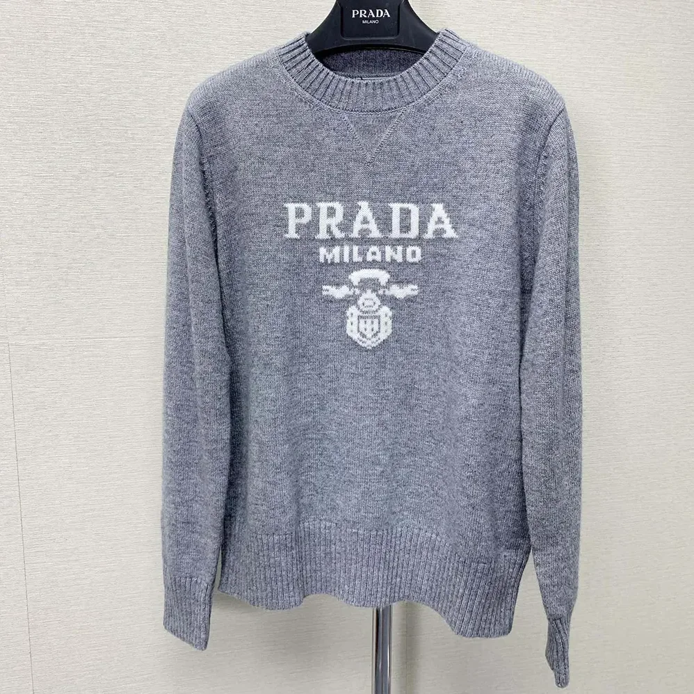 Prada Cashmere and Wool Prada Logo Crew-neck Sweater for Men in Silver