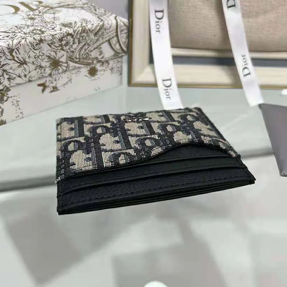 Dior Saddle Card Holder Black Grained Calfskin and Beige and Black Dior Oblique Jacquard for Men Dior Saddle Card Holder Black Grained Calfskin and Beige and Black Dior Oblique Jacquard for Men