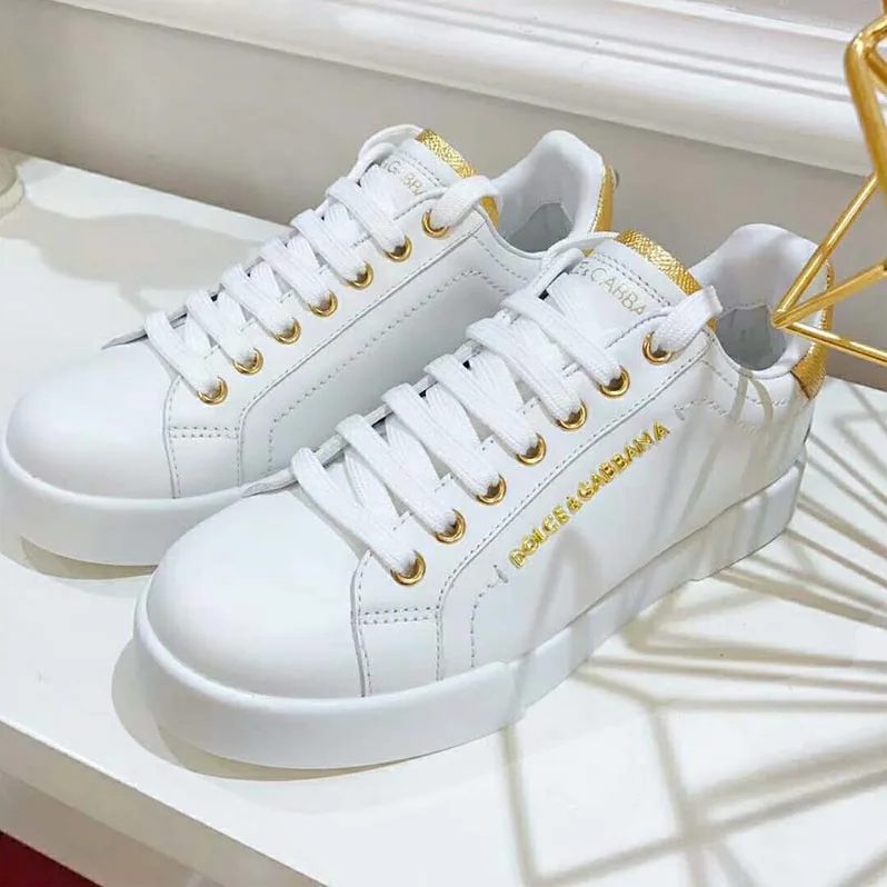 Dolce Gabbana D&G Shoes Leather Sneakers with Logo Bead for Women in White