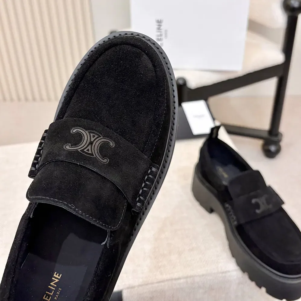 Celine Triomphe Loafers in Suede Calfskin for Women in Black Celine Triomphe Loafers in Suede Calfskin for Women in Black