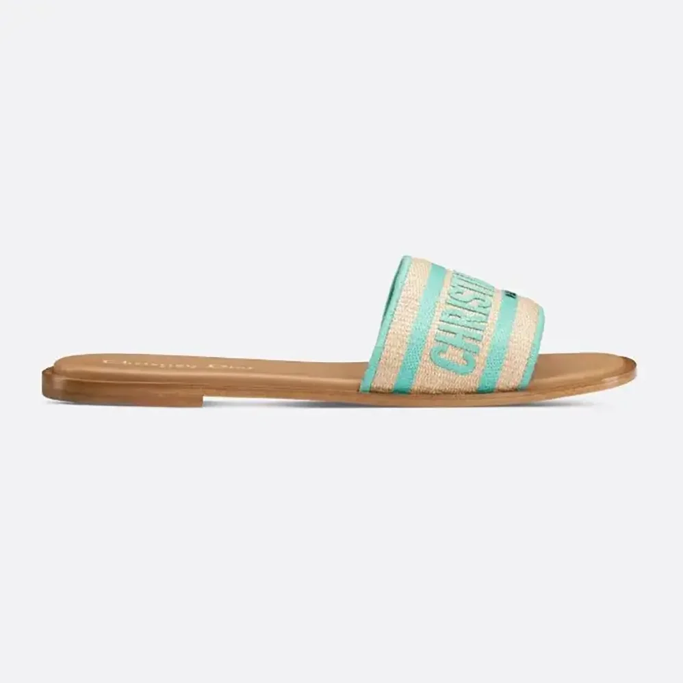 Dior Dioriviera Dway Slide Natural Raffia and Aquamarina Embroidered Cotton for Women