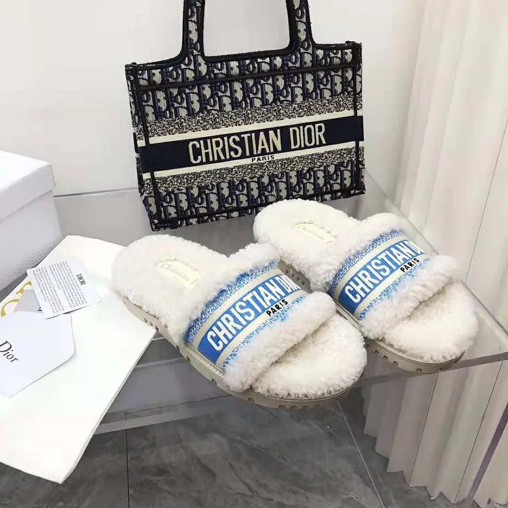 Dior Dway Slide Cornflower Blue Embroidered Cotton and White Shearling for Women