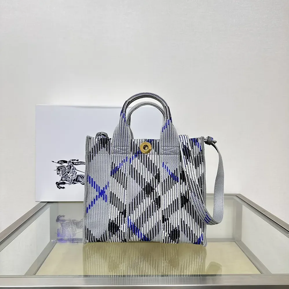 Burberry Mini Check Knitted Tote for Women in Grey Burberry Mini Check Knitted Tote for Women in Grey