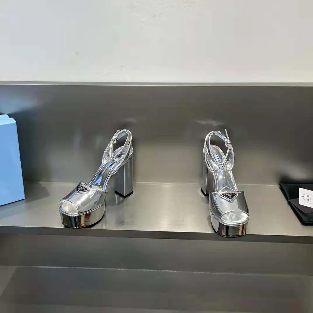 Prada Metallic Leather Platform Sandals for Women in Silver