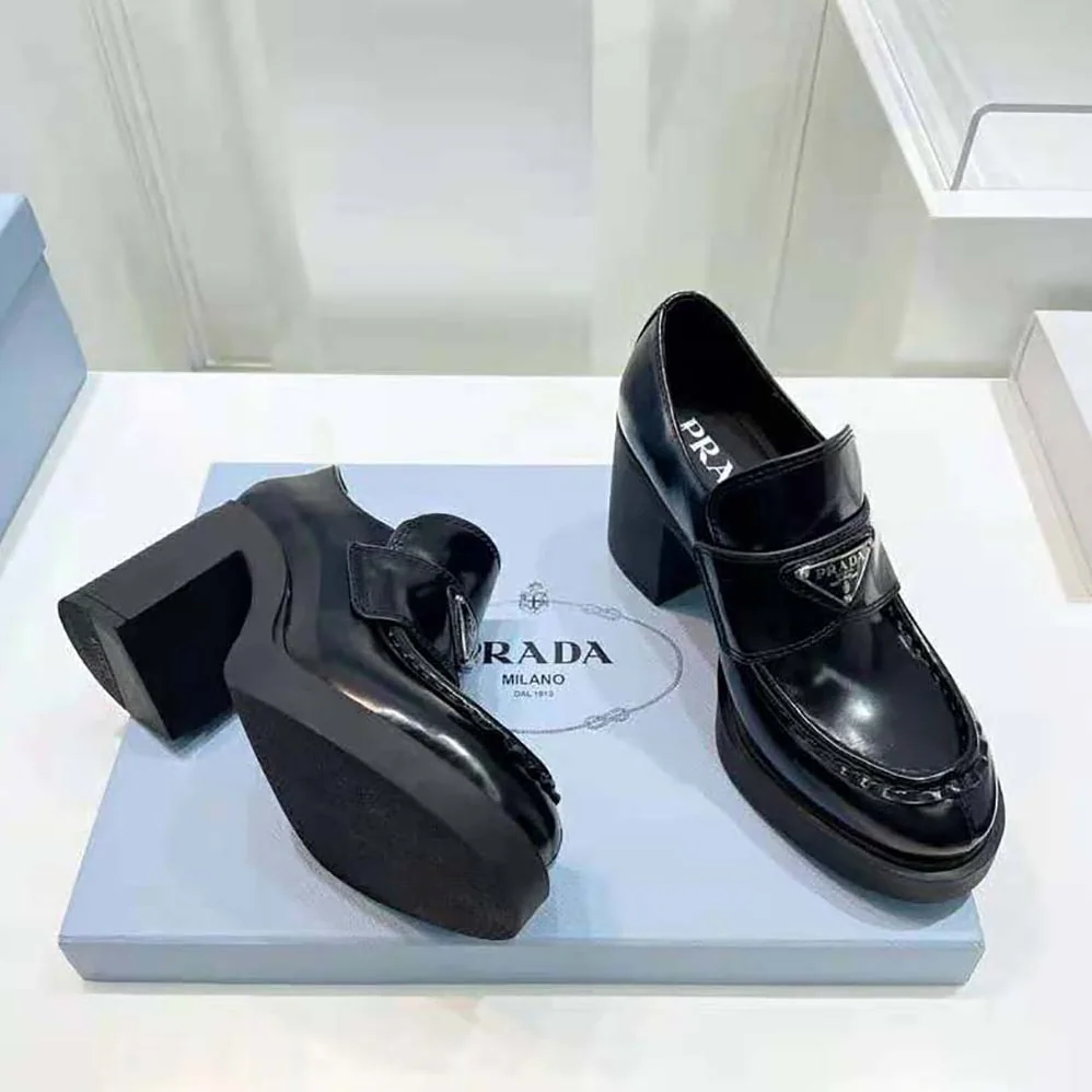 Prada Chocolate High for Women in Heeled Brushed Leather Loafers Prada Chocolate High for Women in Heeled Brushed Leather Loafers