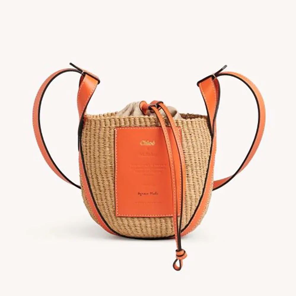 Chloe Small Basket in Fair-Trade Paper and Shiny Calfskin for Women in Orange
