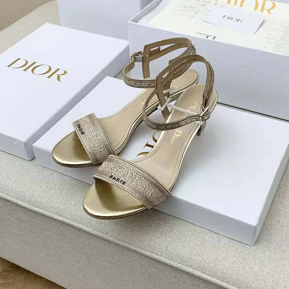 Dior Dway Heeled Sandal Gold-Tone Cotton Embroidered with Metallic Thread and Strass for Women