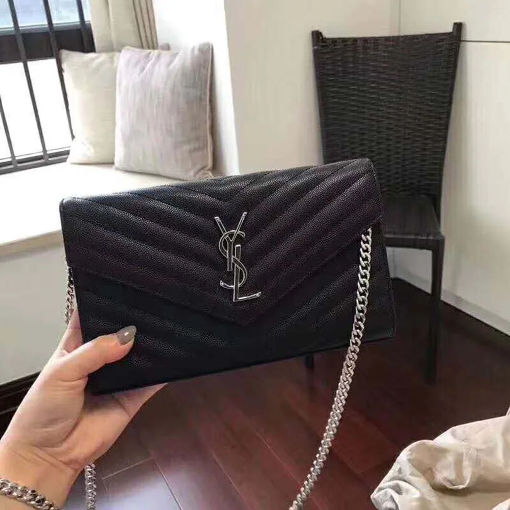 Saint Laurent Monogram Chain Wallet Grain De Poudre Embossed in Silver