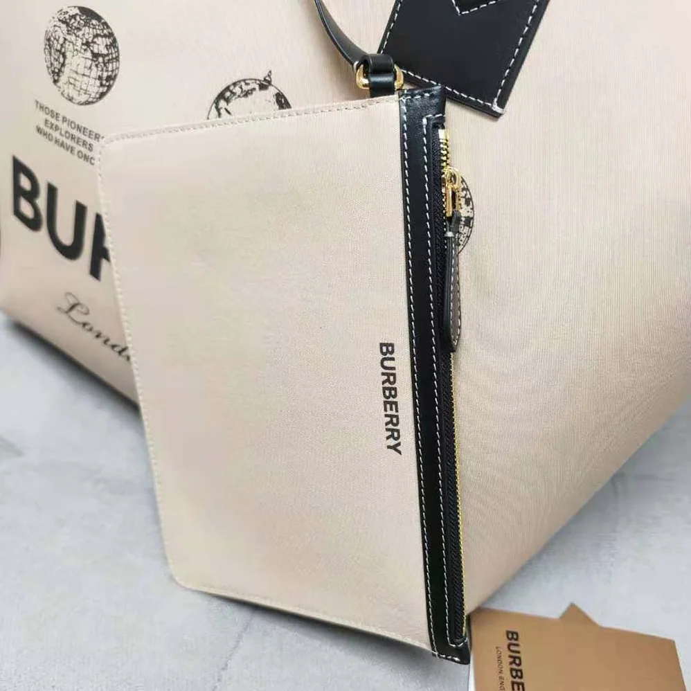 Burberry Label Print Cotton Medium London Tote Bag for Women