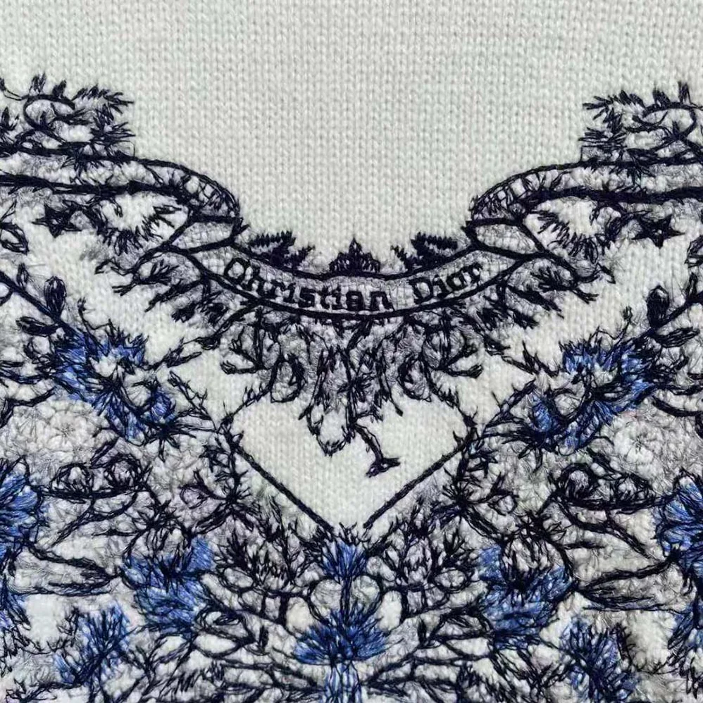 Dior Embroidered Sweater Ecru Cashmere Knit with Pastel Midnight Blue Butterfly Around The World Motif for Women