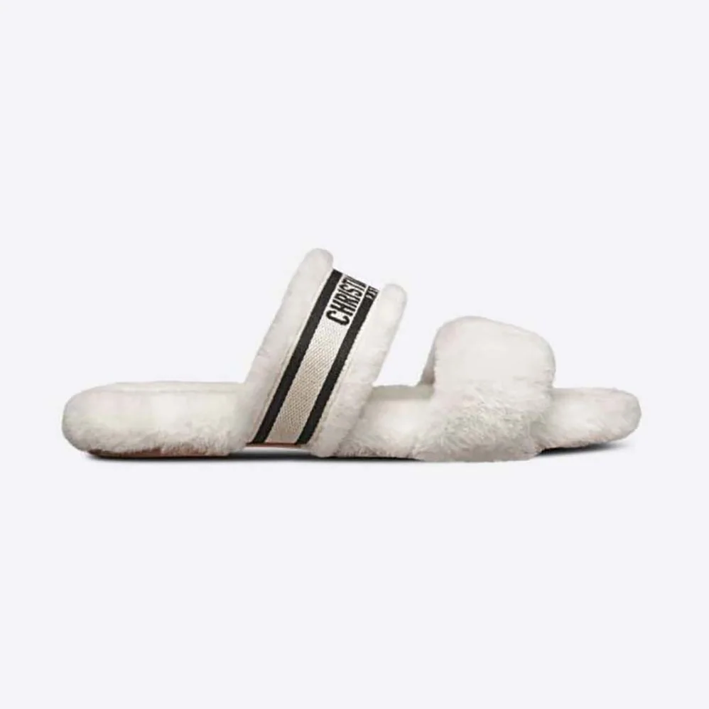 Dior Chez Moi Slide Black Embroidered Cotton and White Shearling for Women Dior Chez Moi Slide Black Embroidered Cotton and White Shearling for Women
