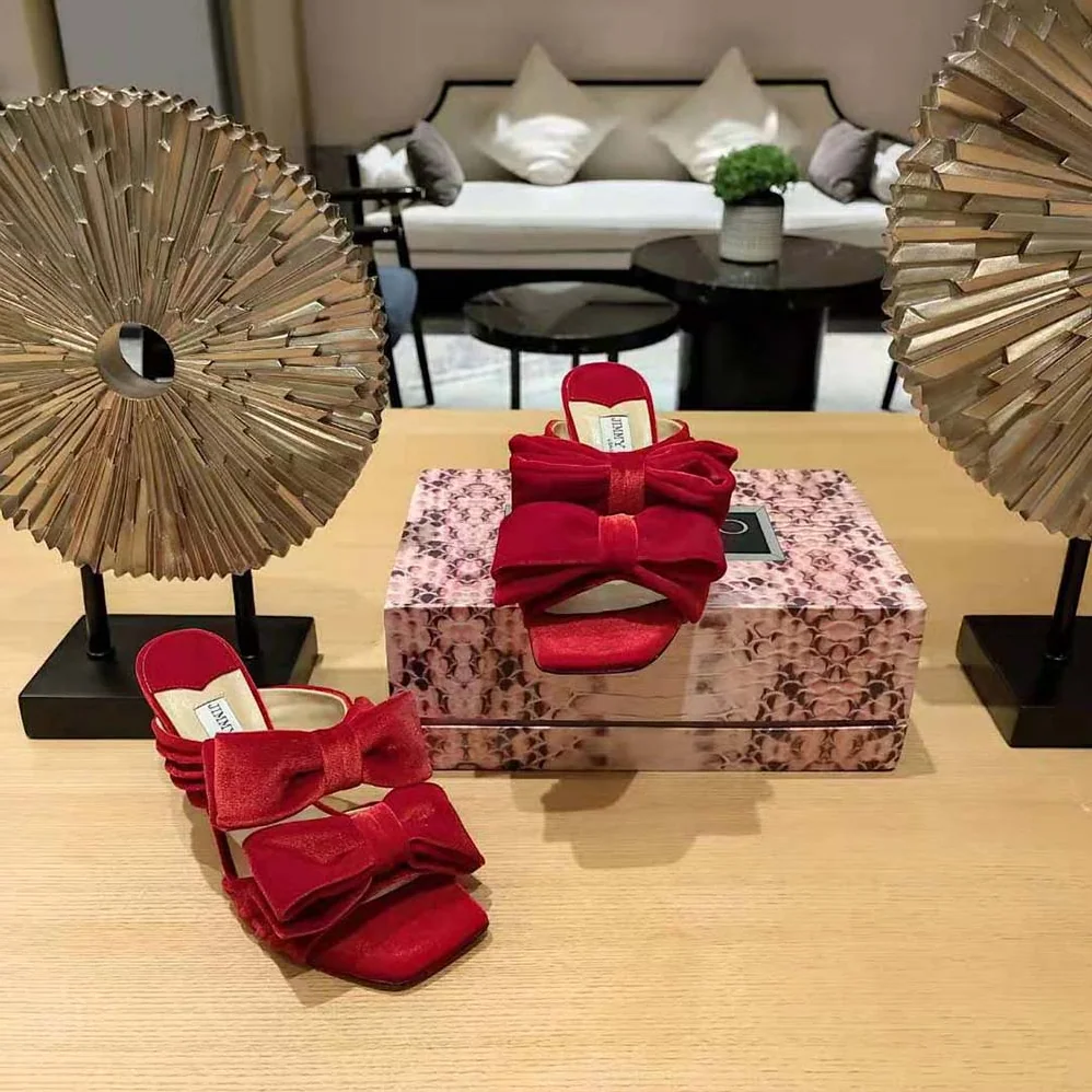 Jimmy Choo Flaca Sandal 100 Red Velvet Sandal with Bow for Women Jimmy Choo Flaca Sandal 100 Red Velvet Sandal with Bow for Women