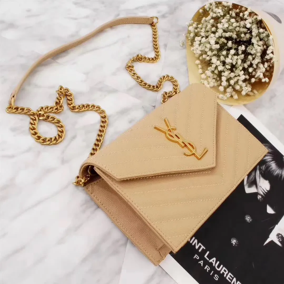 Saint Laurent YSL Medium Monogram Envelope Chain Wallet Gold Hardware in Sandy Saint Laurent YSL Medium Monogram Envelope Chain Wallet Gold Hardware in Sandy