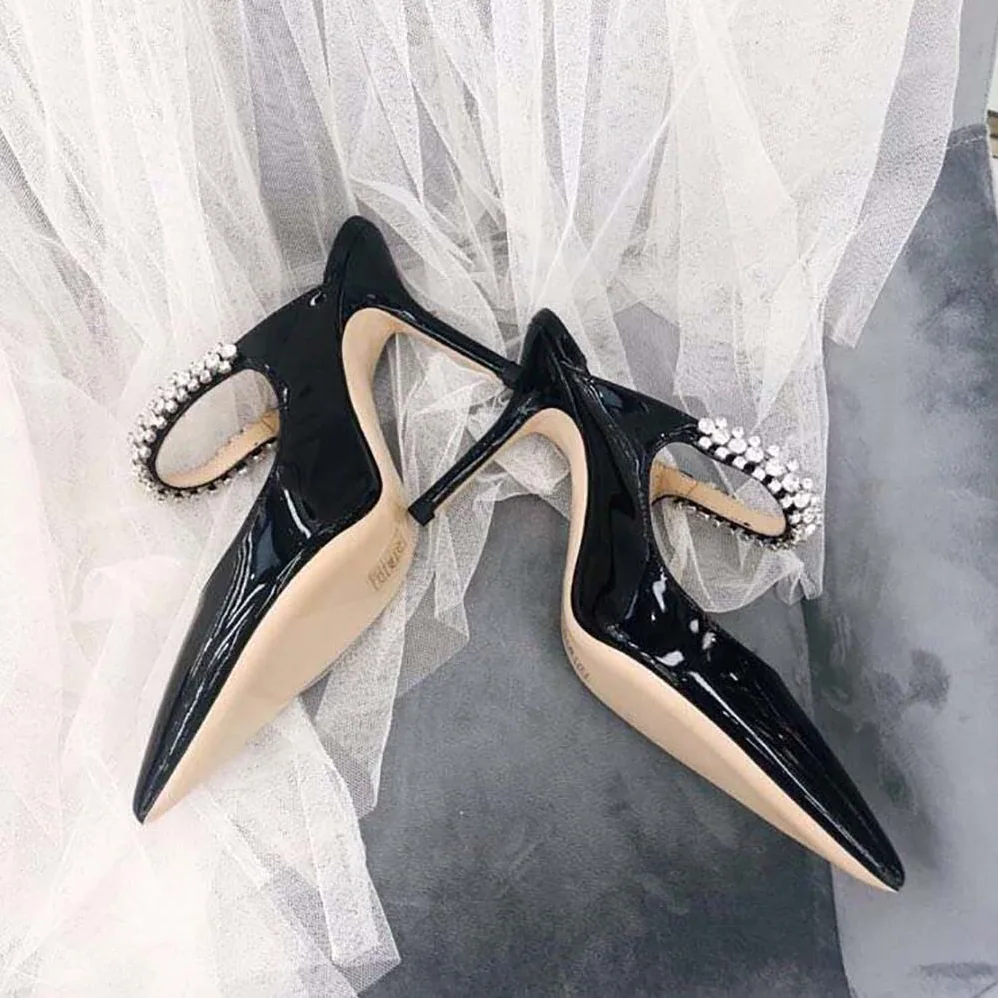 Jimmy Choo Shoes Bing 65 Black Patent Leather Mules with Crystal Strap for Women Jimmy Choo Shoes Bing 65 Black Patent Leather Mules with Crystal Strap for Women