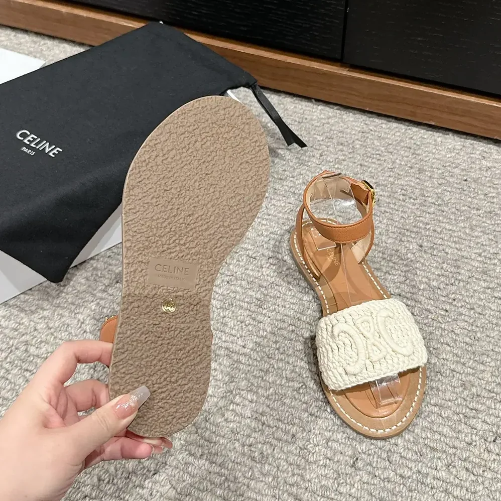 Celine Lympia Sandal in Triomphe Maccramé Cotton & Calfskin for Women in White Celine Lympia Sandal in Triomphe Maccramé Cotton & Calfskin for Women in White