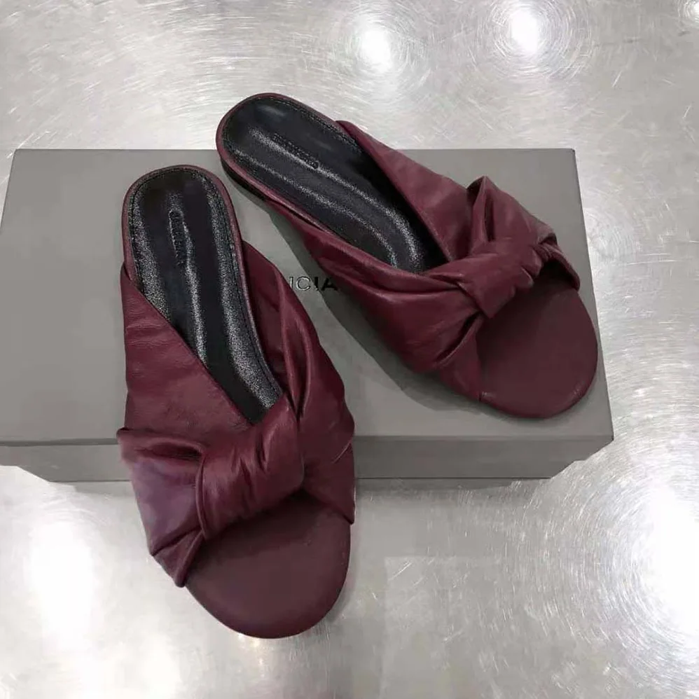 Balenciaga Drapy Flat Sandal in Dark Red Smooth Nappa Lambskin for Women