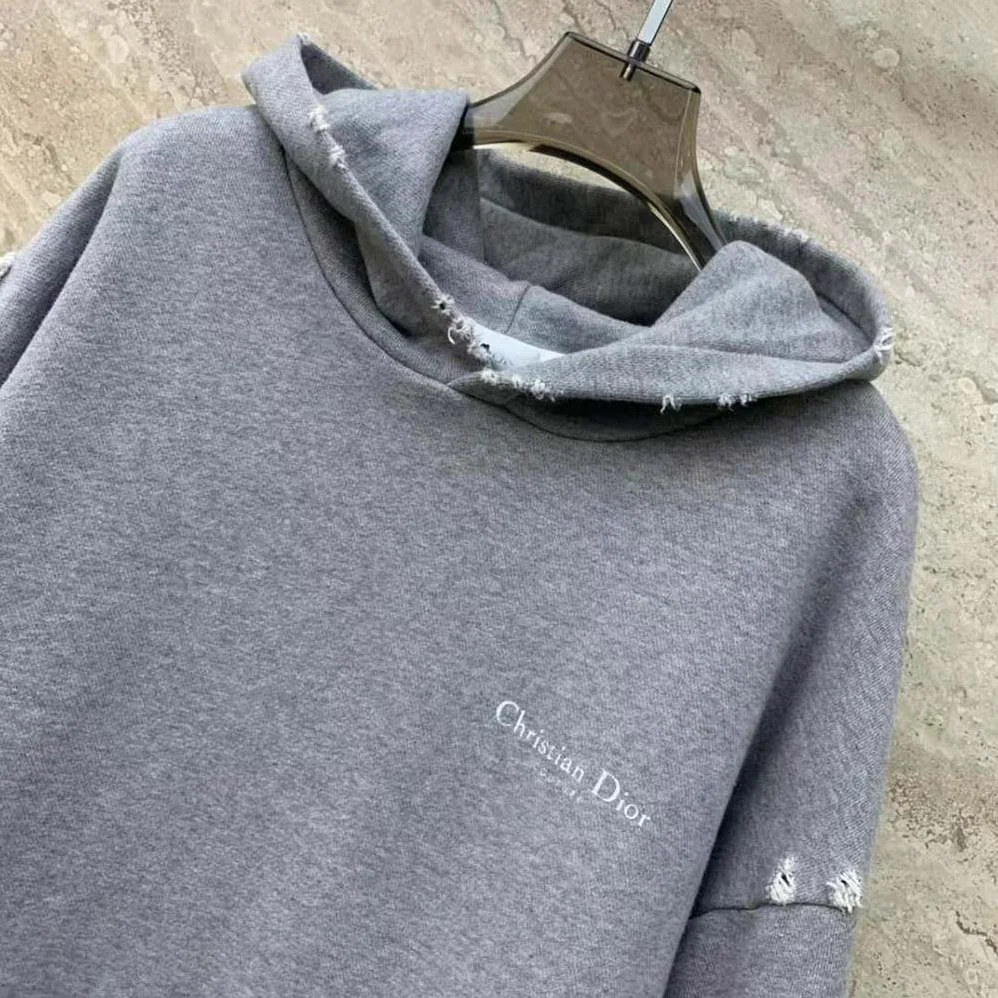 Dior Christian Dior Couture Hooded Sweatshirt Gray Cotton Fleece with Dévoré Effect for Men