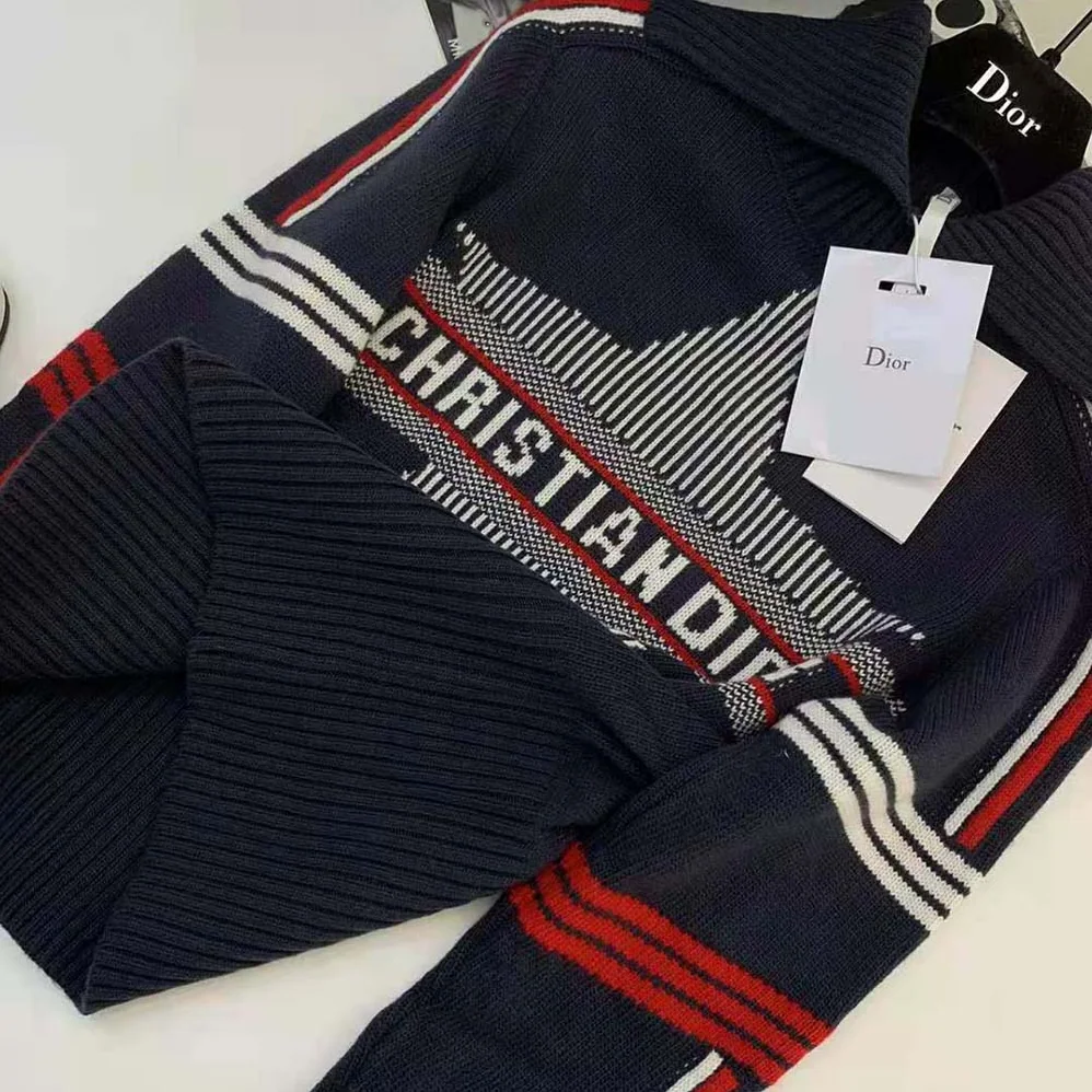 Dior Dioralps Stand Collar Sweater Blue Three-Tone Dior Star Wool and Cashmere Knit for Women