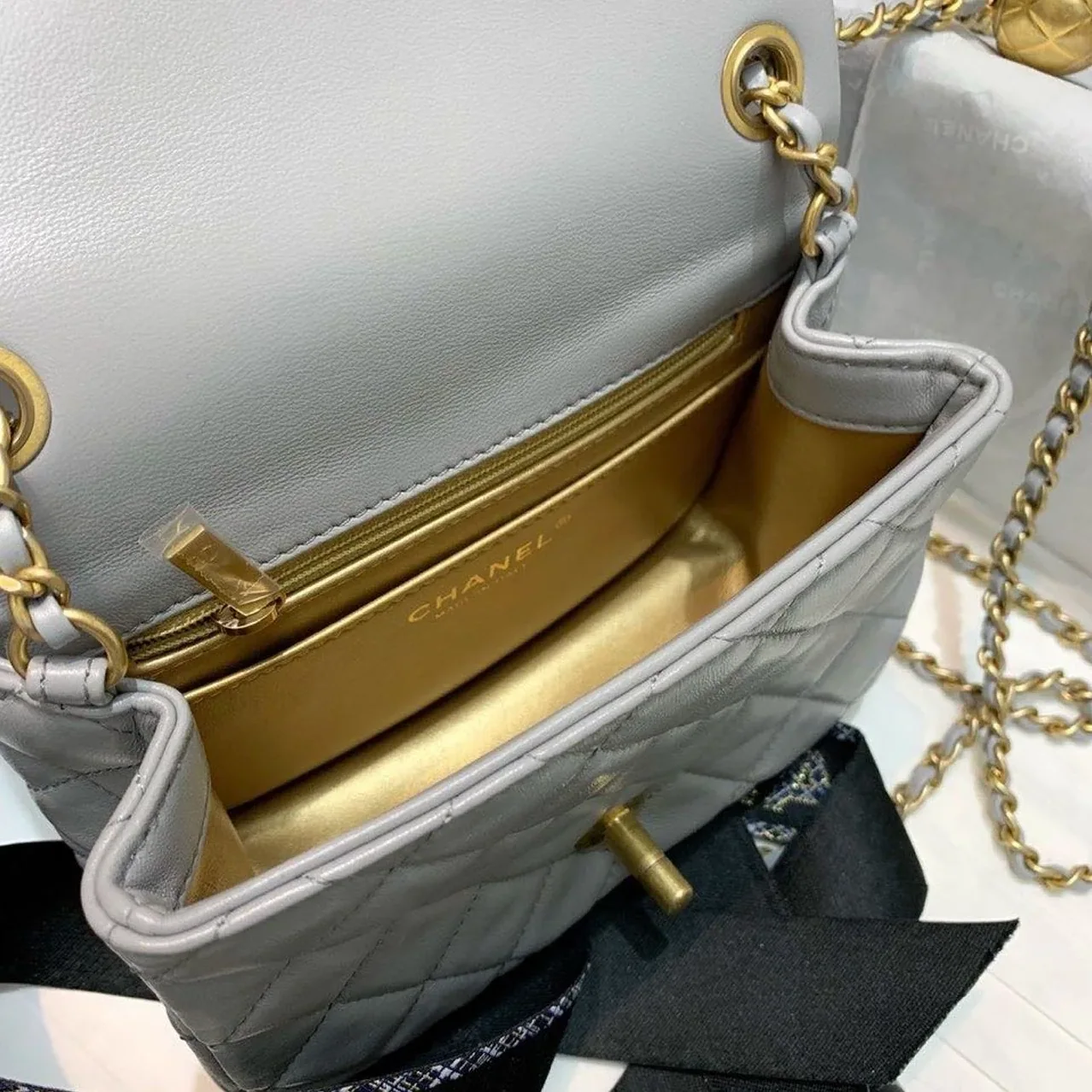 Chanel Classic Flap Bag With Charm Chain Mini Crossbody in Grey Gold Hardware