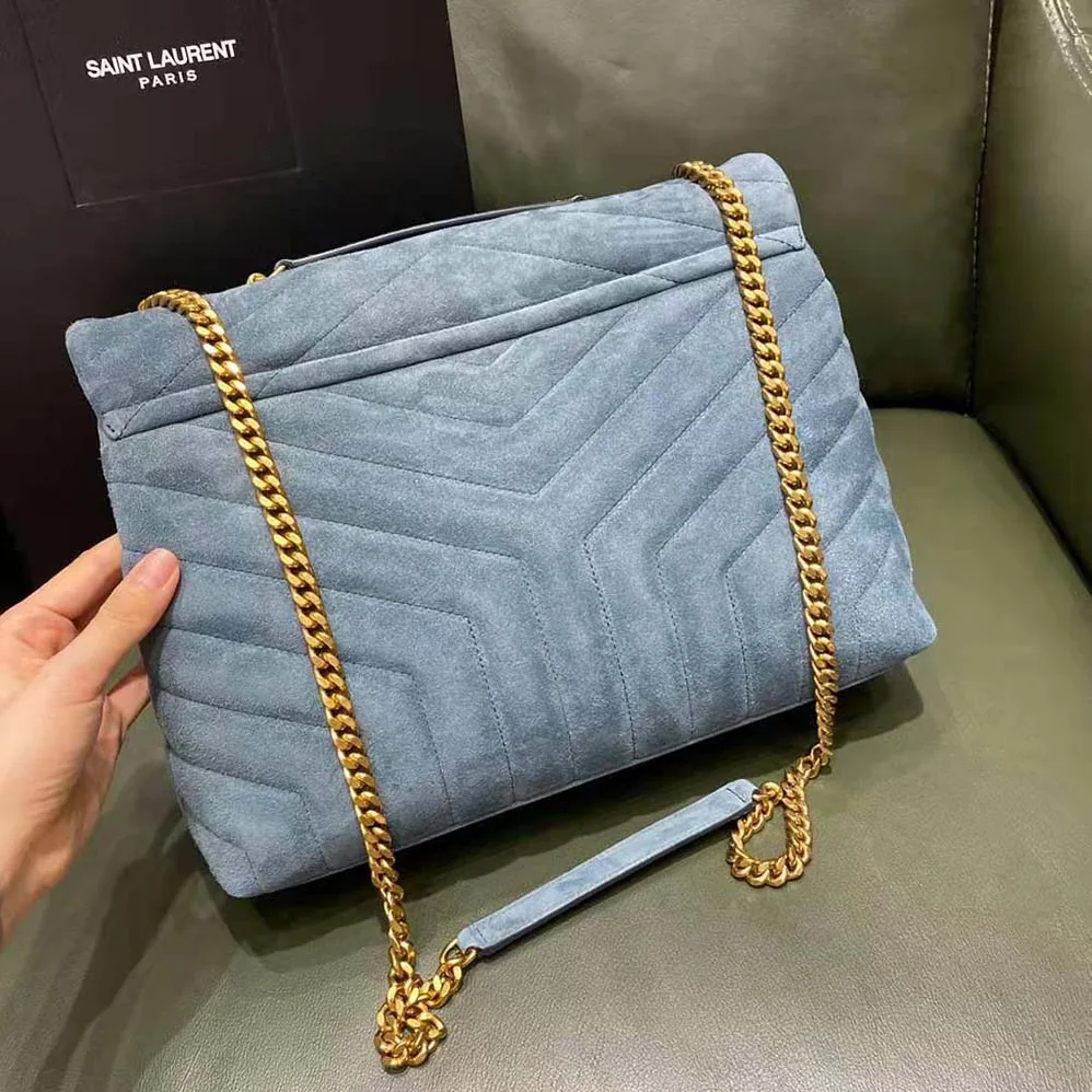 Saint Laurent YSL Loulou Medium Chain Bag in “Y”-Quilted Suede for Women in Silver Saint Laurent YSL Loulou Medium Chain Bag in “Y”-Quilted Suede for Women in Silver