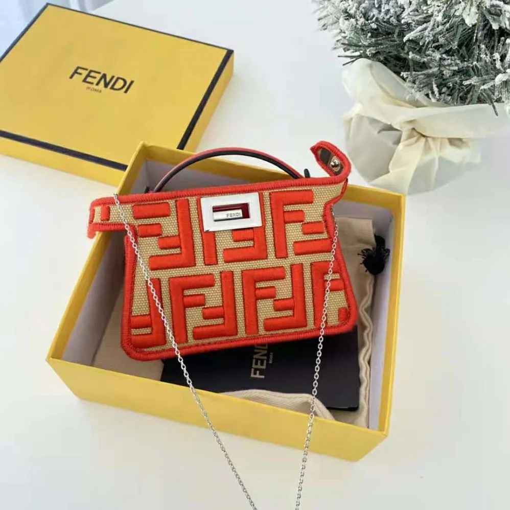 Fendi Nano Peekaboo Charm Gray FF Canvas Charm for Women in Red