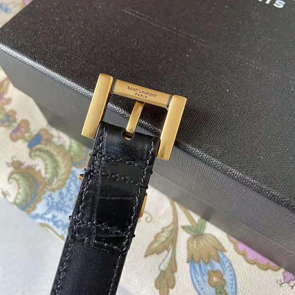 Saint Laurent YSL Monogram Narrow Belt with Square Buckle in Crocodile Embossed Leather for Women