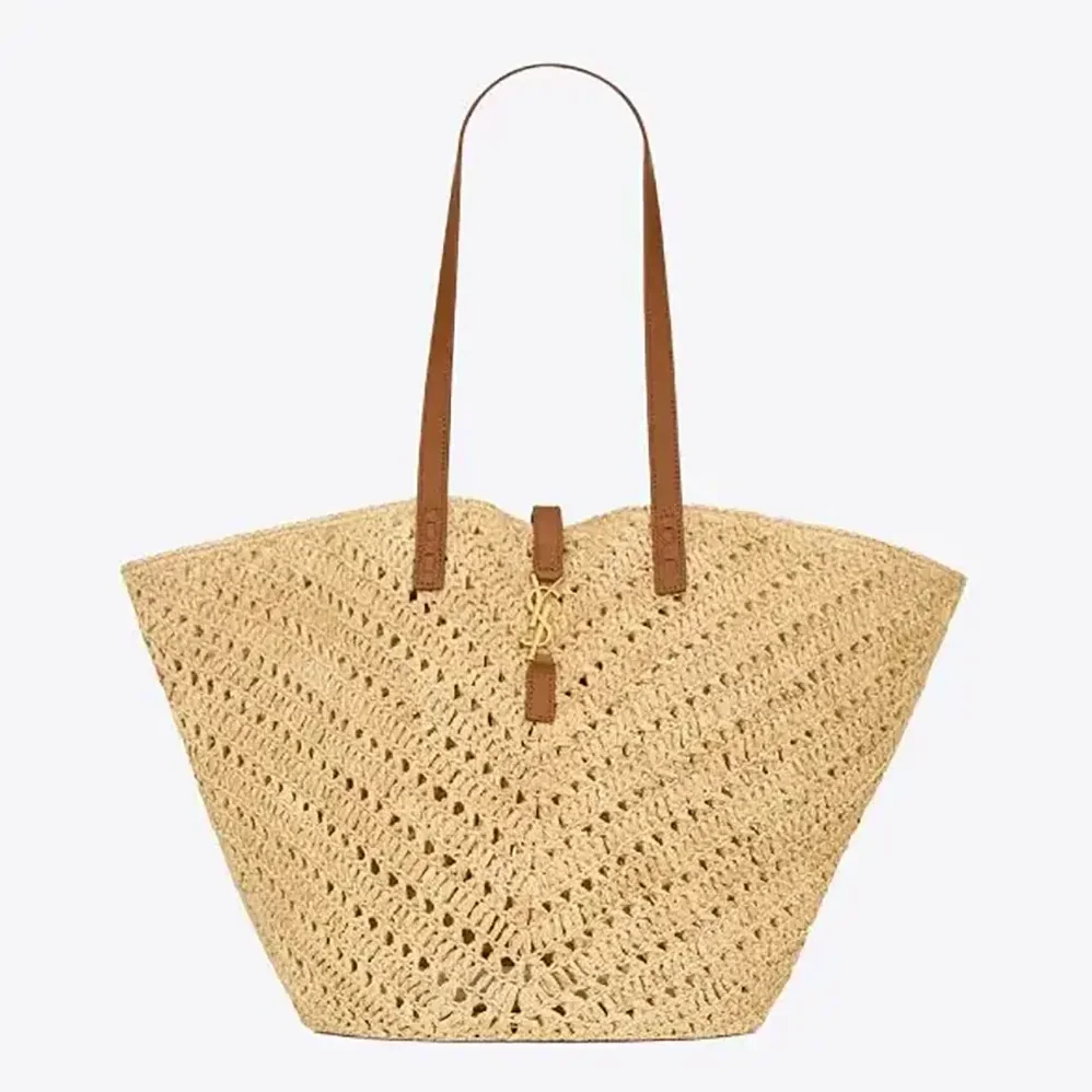Saint Laurent YSL Panier Medium in Raffia and Vegetable for Women in tanned Leather Saint Laurent YSL Panier Medium in Raffia and Vegetable for Women in tanned Leather