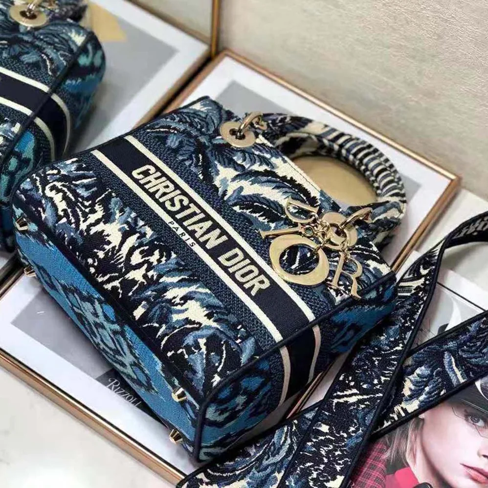 Dior Medium Lady D-lite Bag Blue Dior Palms Embroidery for Women